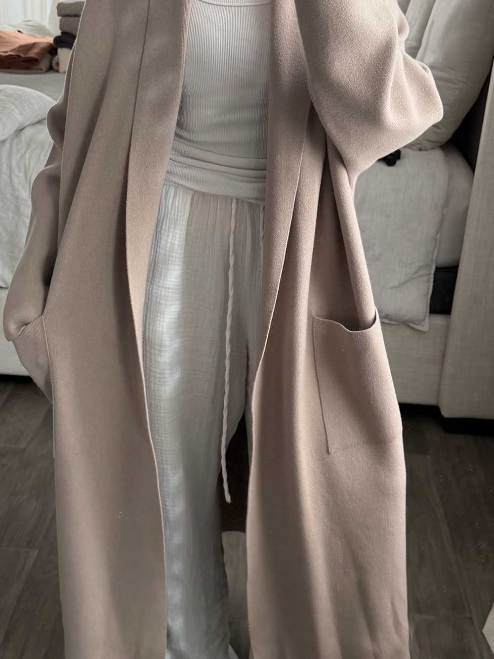 Zara Wide-Leg Pants and Long Open-Front Cardigan in Light Taupe and White